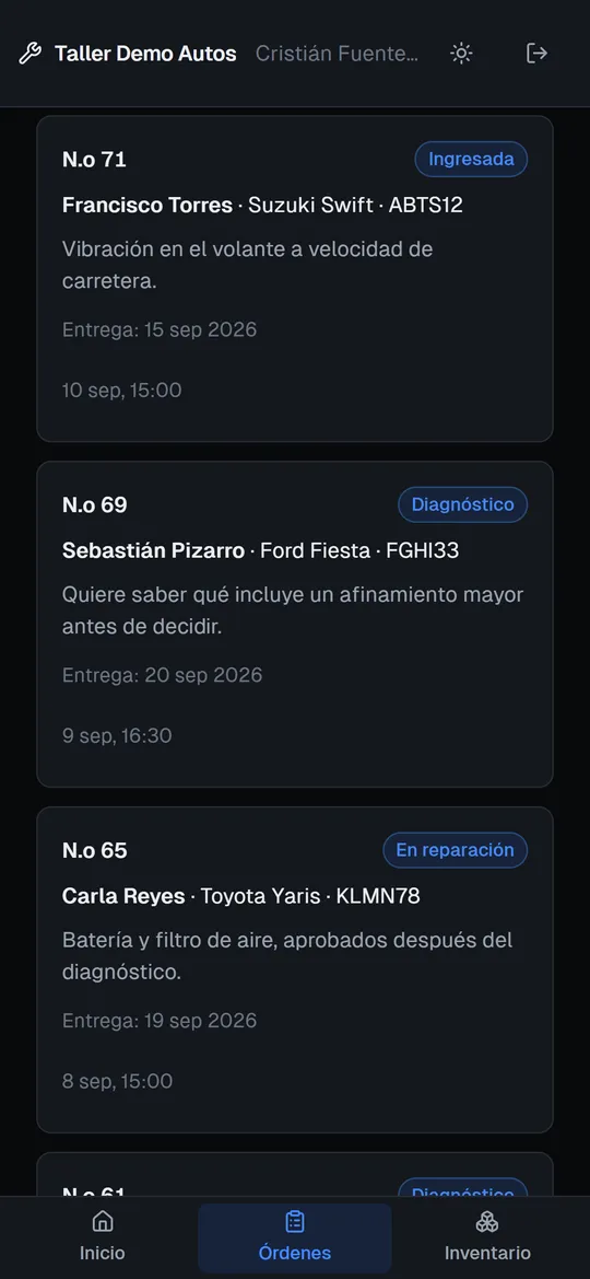 Vista del mecánico en el teléfono, con las órdenes que tiene asignadas