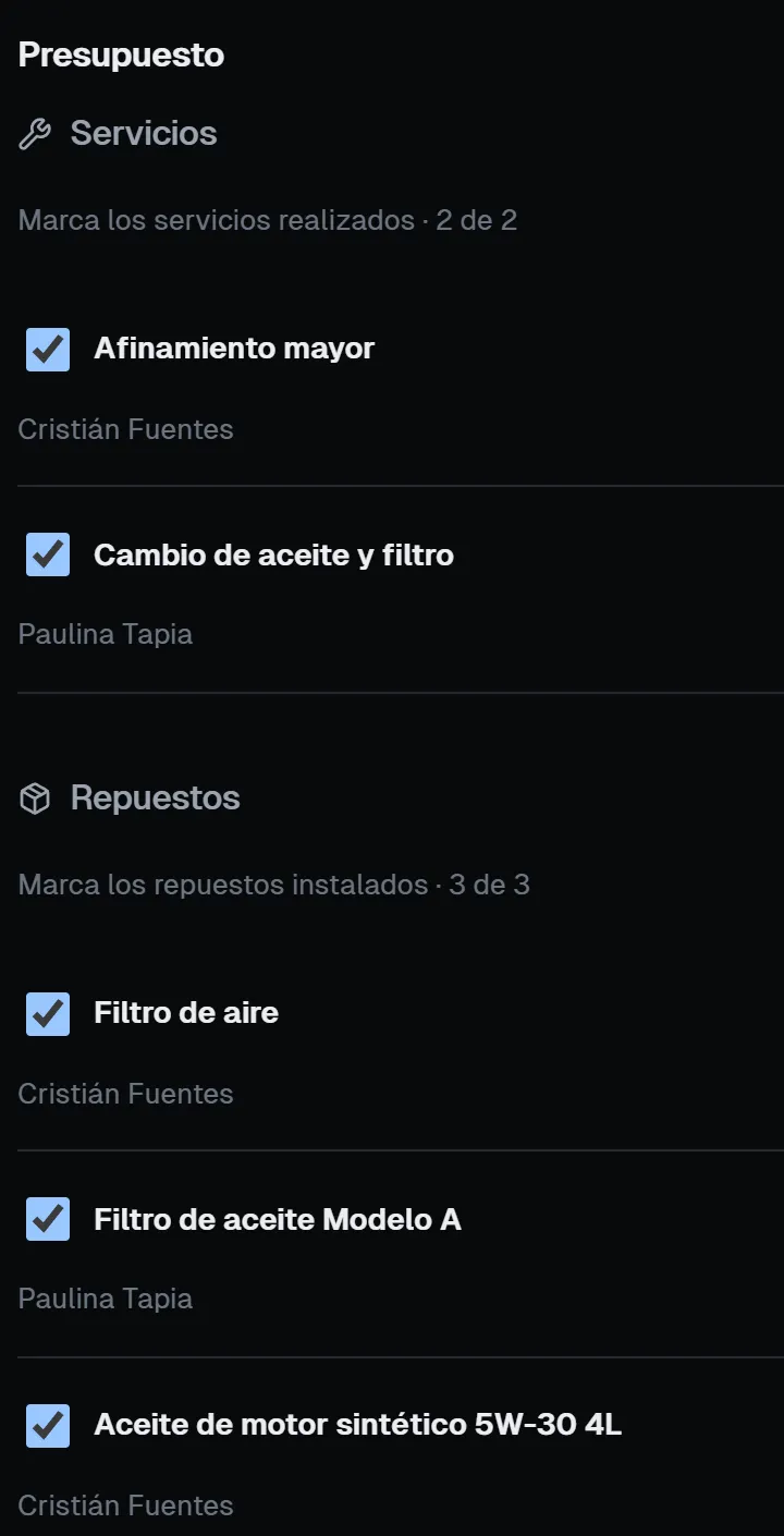 Presupuesto de la orden de un auto con sus servicios y repuestos