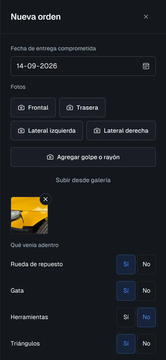 Recepción de un auto: fotos frontal, trasera y laterales, y lo que venía adentro