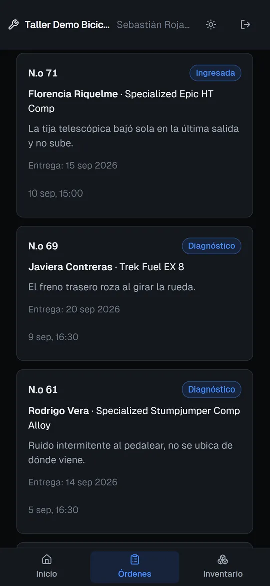 Vista del mecánico en el teléfono, con las órdenes que tiene asignadas