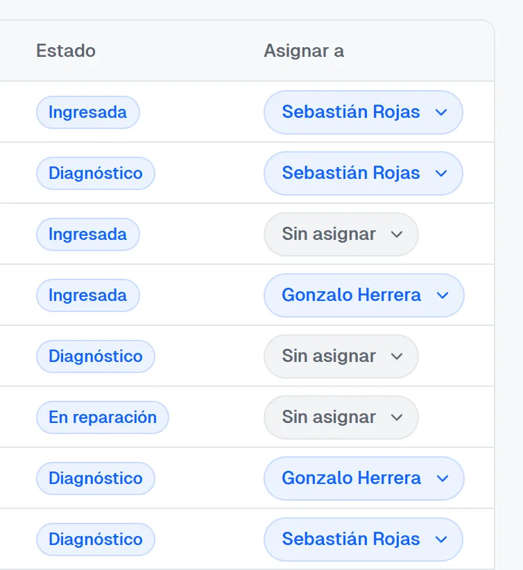 Listado de órdenes en el tema claro, con el estado y el mecánico asignado de cada una