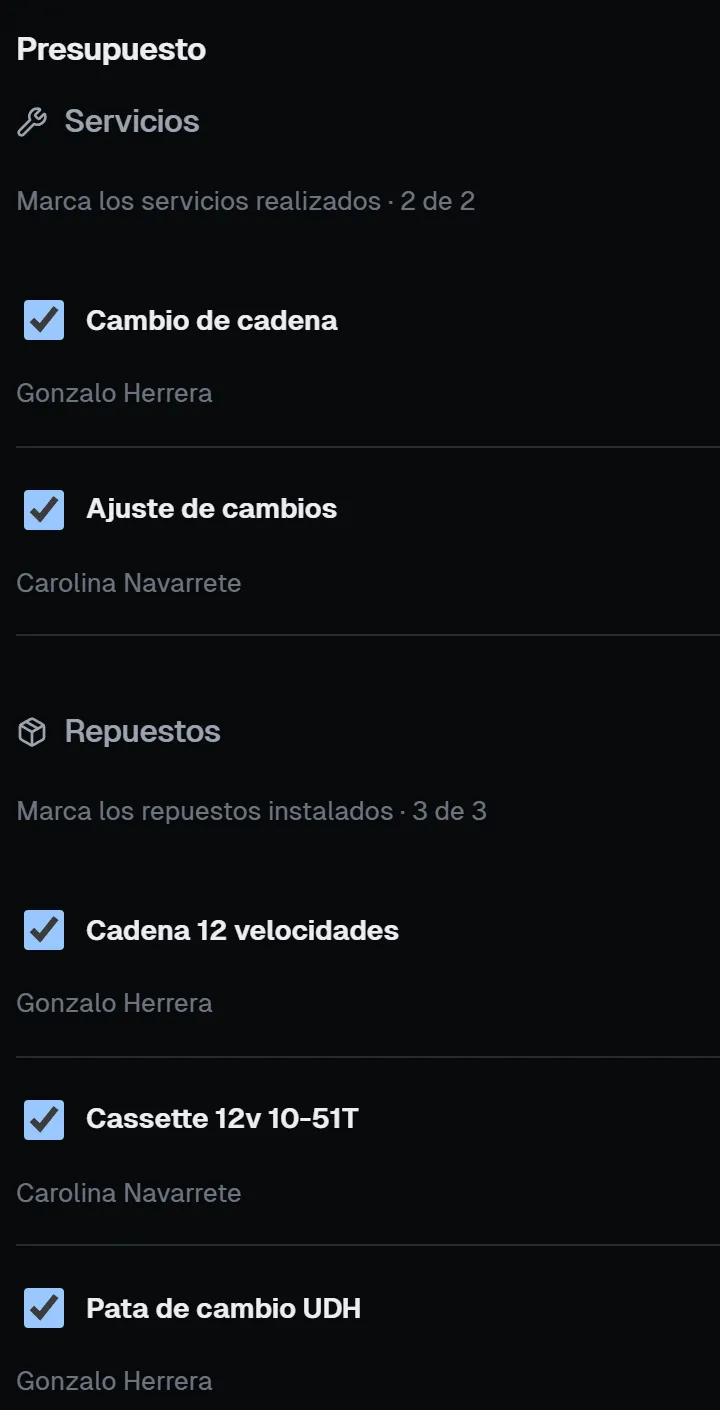 Presupuesto de una orden con sus servicios y repuestos