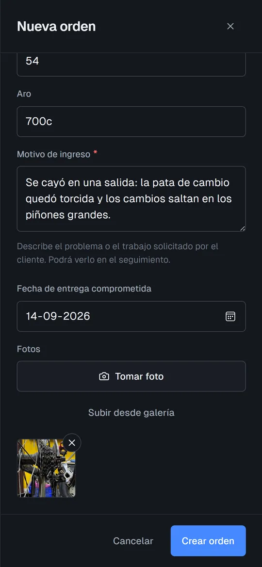Recepción de una bicicleta: motivo de ingreso y foto del estado en que llegó