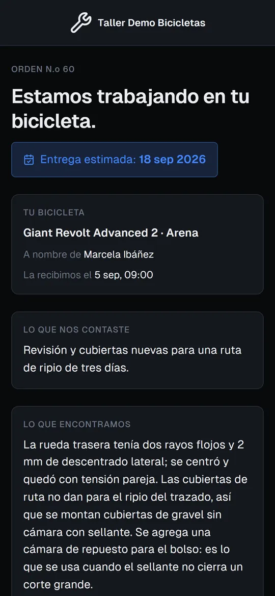 Seguimiento de la reparación de una bicicleta, visto desde el teléfono del cliente