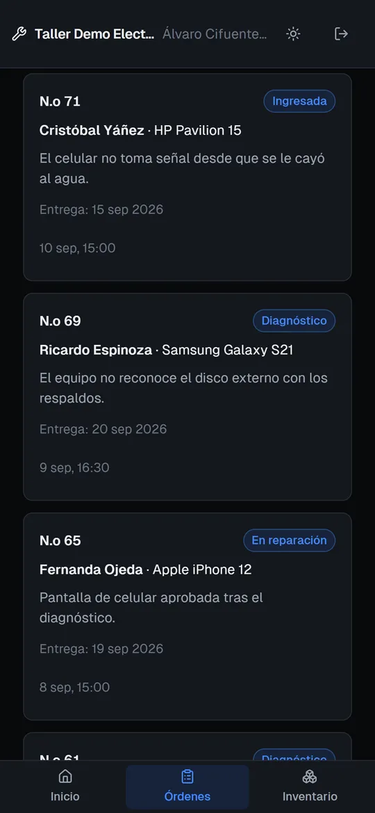 Vista del mecánico en el teléfono, con las órdenes que tiene asignadas
