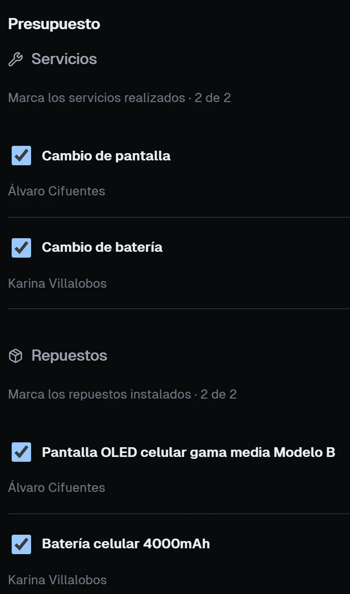 Presupuesto de una orden con sus servicios y repuestos