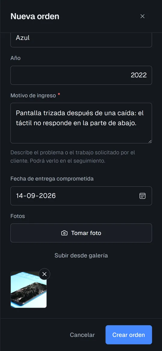 Recepción de un equipo: motivo de ingreso y foto de la pantalla trizada