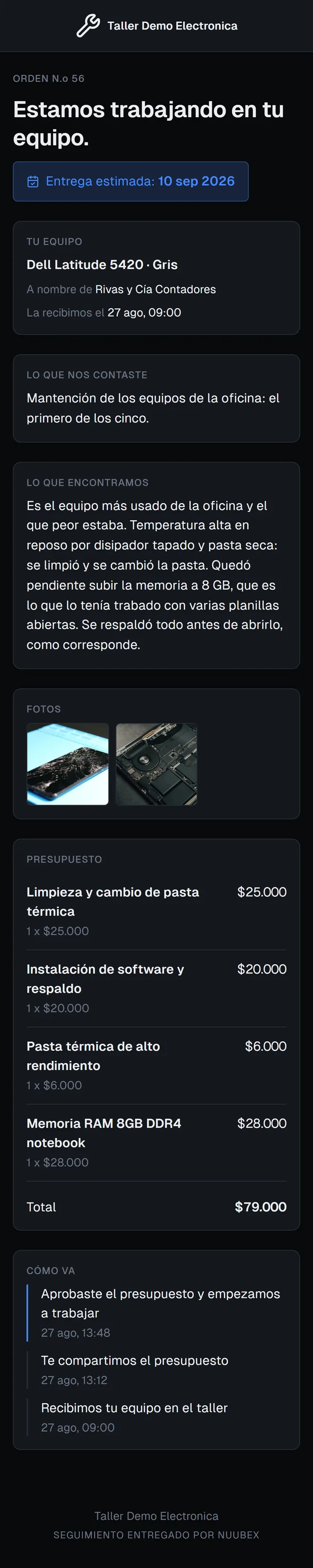 Página de seguimiento de la reparación de un equipo: lo que reportó el cliente, el diagnóstico, las fotos y el presupuesto