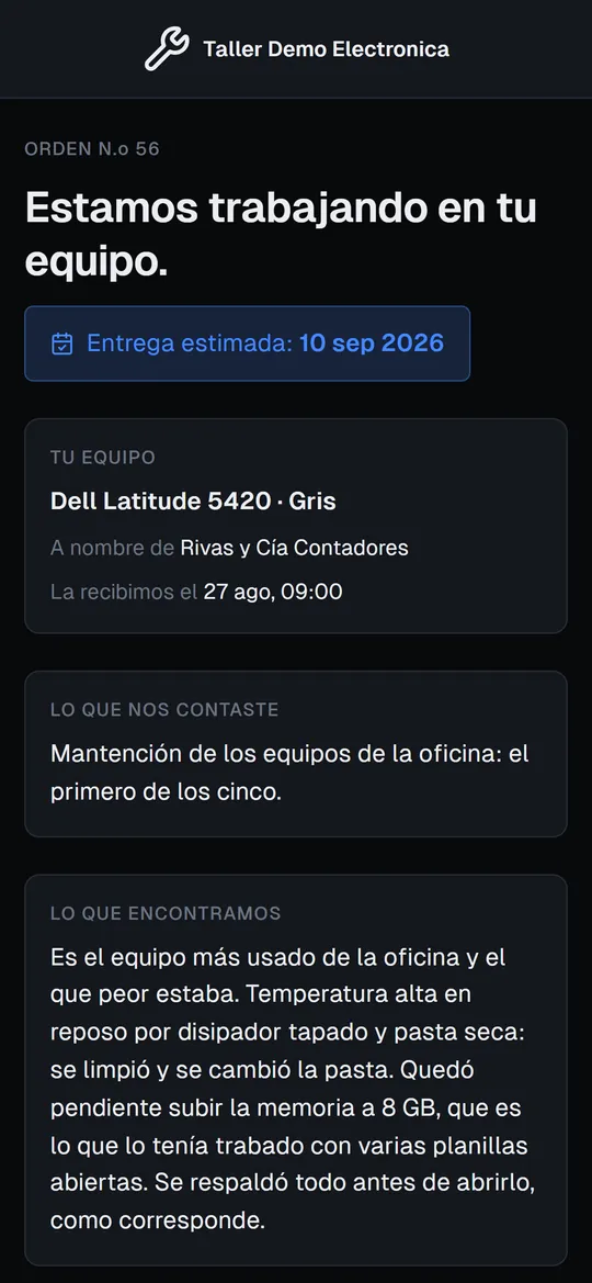 Seguimiento de la reparación de un equipo, visto desde el teléfono del cliente