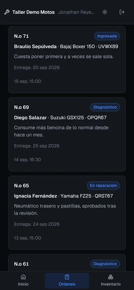 Vista del mecánico en el teléfono, con las órdenes que tiene asignadas