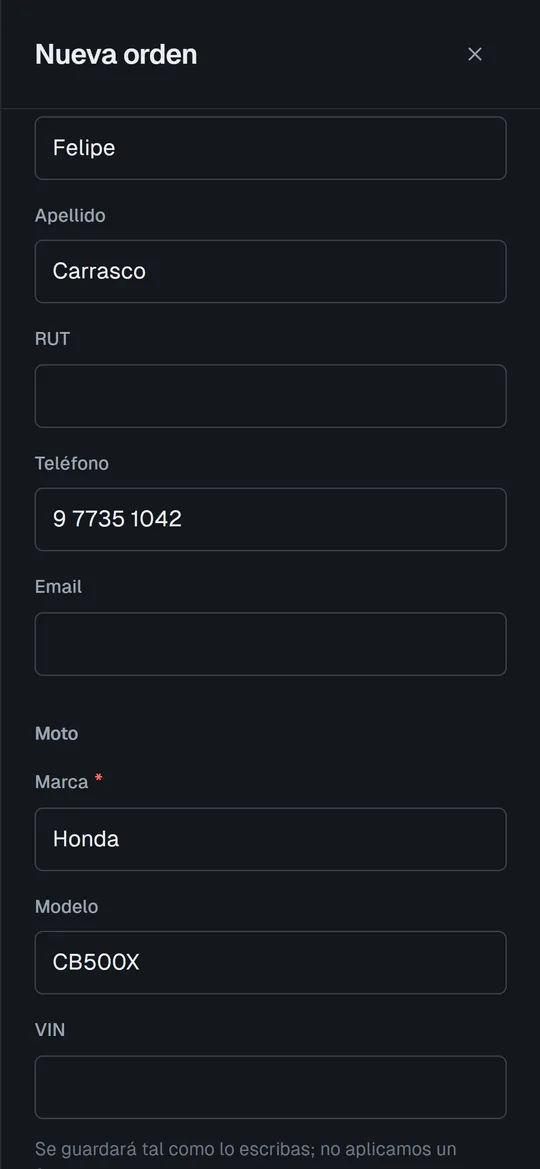 Recepción de una moto: datos del cliente, marca y modelo