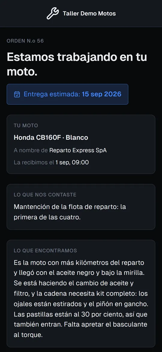 Seguimiento de la reparación de una moto, visto desde el teléfono del cliente